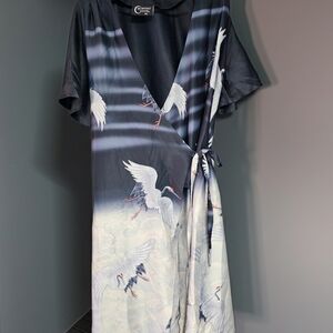 Midi Wrap Dress with Crane Print in Navy and Ivory